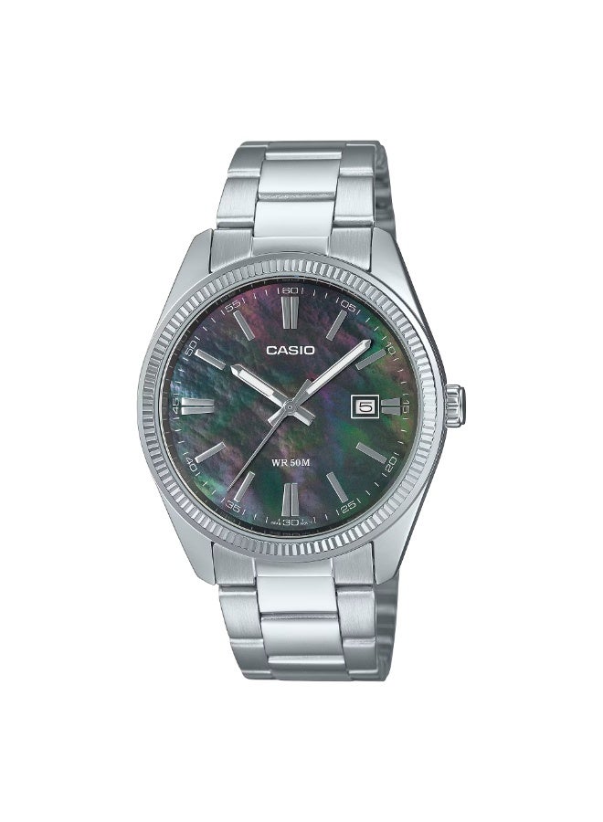 MTP-1302DS-1AVDF Analog Stainless Steel Bracelet, Mother-of-Pearl Dial, Water-Resistant 50 m Men's Watch