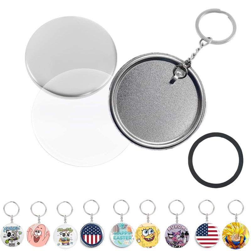 Button Maker Keychains Supplies 50 PCS 58mm225 inch Pin Making Kit for Button Maker Machine Metal Button Badge Sets with Metal Shell Back Cover Transparent Film and Chain Head