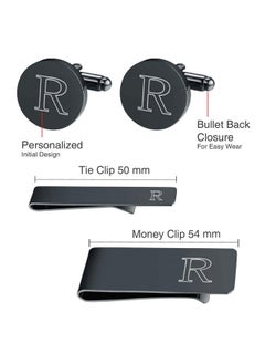 BodyJ4You Initial Cufflinks, Tie Bar, Money Clip - 4Pc Gift Set - Personalized Letter R Engraving - Fathers Day Wedding Tuxedo - Black Steel Men'S Cuff Links  - Image 2