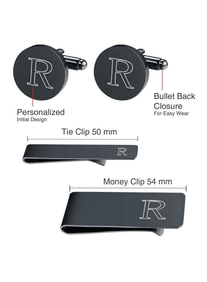 BodyJ4You أزرار أكمام أولية، وربطة عنق، ومشبك نقود - مجموعة هدايا مكونة من 4 قطع - نقش حرف R مخصص - بدلة زفاف عيد الأب - أزرار أكمام رجالية من الفولاذ الأسود - Image 2
