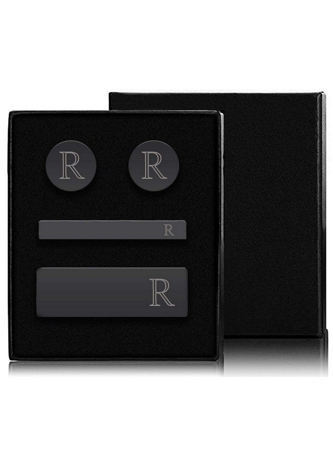 BodyJ4You أزرار أكمام أولية، وربطة عنق، ومشبك نقود - مجموعة هدايا مكونة من 4 قطع - نقش حرف R مخصص - بدلة زفاف عيد الأب - أزرار أكمام رجالية من الفولاذ الأسود - Image 3