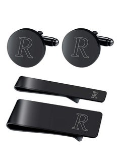 BodyJ4You Initial Cufflinks, Tie Bar, Money Clip - 4Pc Gift Set - Personalized Letter R Engraving - Fathers Day Wedding Tuxedo - Black Steel Men'S Cuff Links  - Image 1