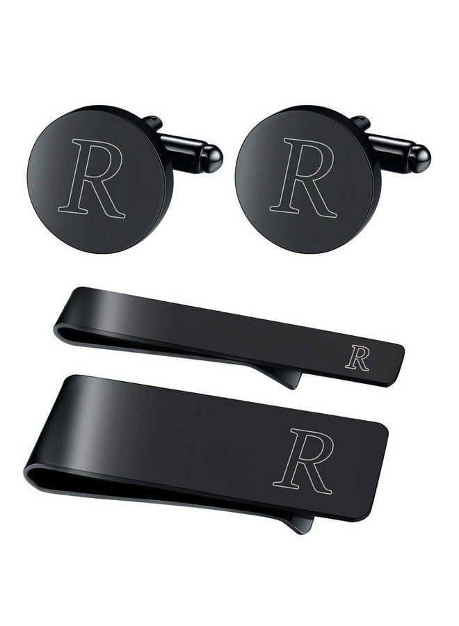 BodyJ4You أزرار أكمام أولية، وربطة عنق، ومشبك نقود - مجموعة هدايا مكونة من 4 قطع - نقش حرف R مخصص - بدلة زفاف عيد الأب - أزرار أكمام رجالية من الفولاذ الأسود - Image 1