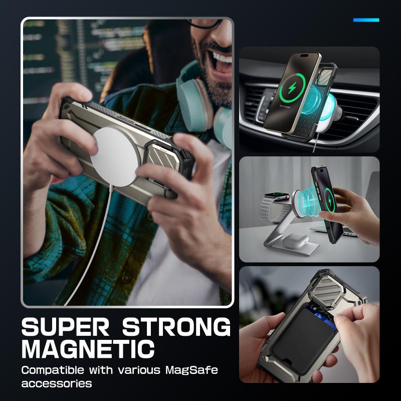 SUPCASE for iPhone 15 Pro Max Case with Camera Cover & Stand (UBMag XT) [Compatible with MagSafe] [Built-in Kickstand] [Military-Grade Protection] Heavy Duty Rugged Magnetic Phone Case, TiGray - Image 5