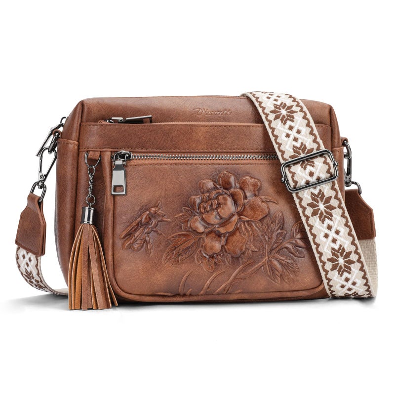VIMUTI Crossbody Bags for Women Trendy, Vegan Leather Crossbody Purses Travel Shoulder Handbags Embossed Design (Brown) - Image 1
