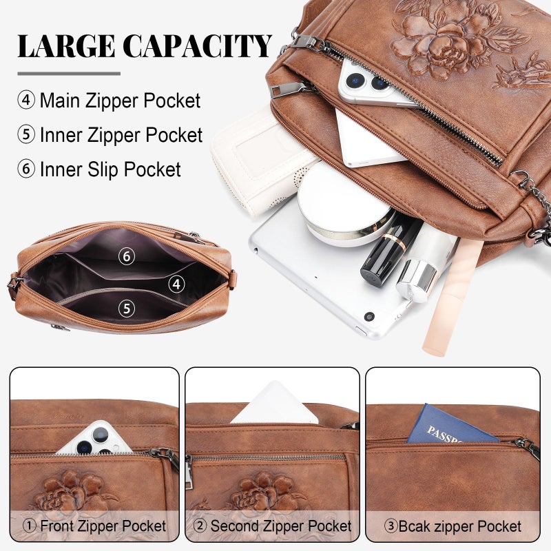 VIMUTI Crossbody Bags for Women Trendy, Vegan Leather Crossbody Purses Travel Shoulder Handbags Embossed Design (Brown) - Image 4