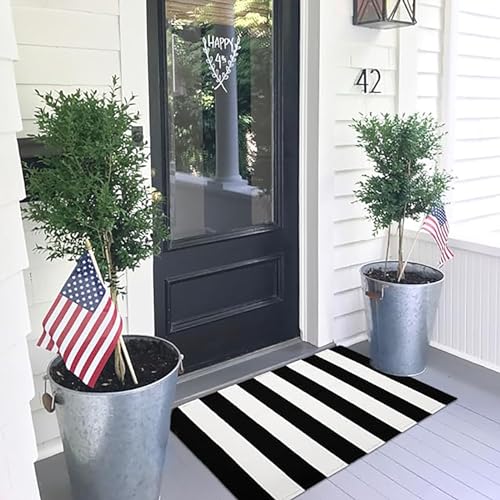 KOZYFLY Black and White Area Rug 27.5x43 Inches Striped Front Door Rug Cotton Washable Indoor Outdoor Rug Doormats Outdoor Small Striped Rugs for Kitchen Entryway Patio Front Porch Decor - Image 3