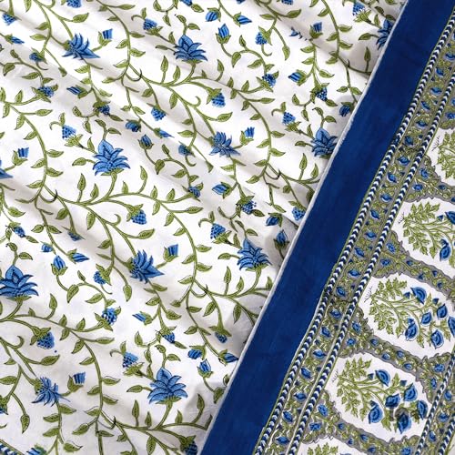 TOAI Bedsheet for Double Bed King Size 108" x 108" |100% Pure Cotton 210TC | Hand Block Printed Jaipuri Bedsheet | 2 Reversible Pillow Covers 18"x27" |White Blue Florals - Image 2