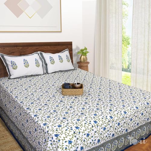 TOAI Bedsheet for Double Bed King Size 108" x 108" |100% Pure Cotton 210TC | Hand Block Printed Jaipuri Bedsheet | 2 Reversible Pillow Covers 18"x27" |White Blue Florals - Image 1