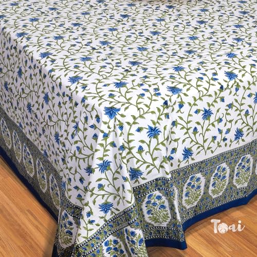 TOAI Bedsheet for Double Bed King Size 108" x 108" |100% Pure Cotton 210TC | Hand Block Printed Jaipuri Bedsheet | 2 Reversible Pillow Covers 18"x27" |White Blue Florals - Image 4