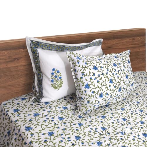 TOAI Bedsheet for Double Bed King Size 108" x 108" |100% Pure Cotton 210TC | Hand Block Printed Jaipuri Bedsheet | 2 Reversible Pillow Covers 18"x27" |White Blue Florals - Image 3