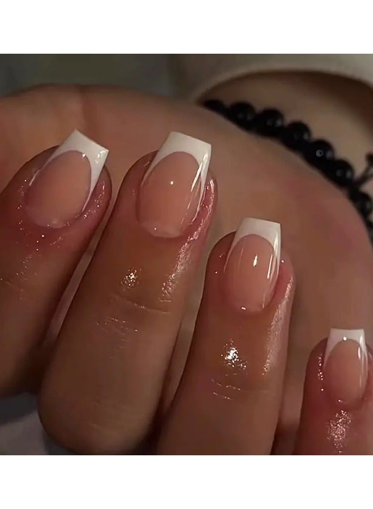 ORiTi White French Tip Nails, Nude Pink Press On Nails Solid Glue On Nails Full Cover Short Square False Nails For Women Girls Daily Wear 24pcs - Image 1