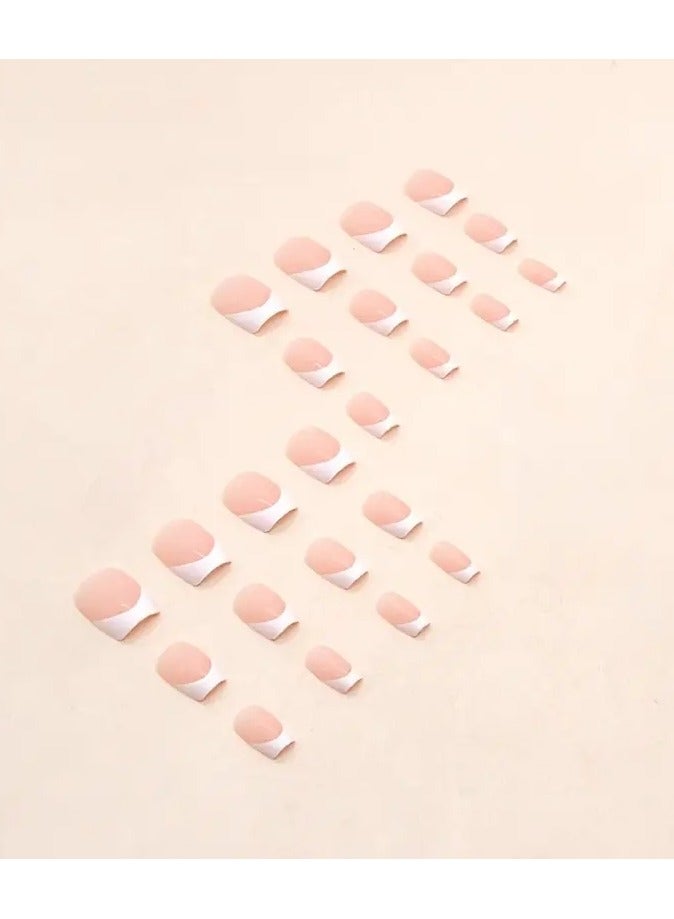 ORiTi White French Tip Nails, Nude Pink Press On Nails Solid Glue On Nails Full Cover Short Square False Nails For Women Girls Daily Wear 24pcs - Image 5