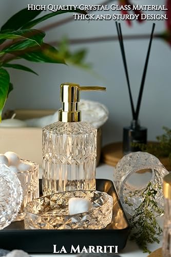 LaMarriti Glass Bathroom Accessories Set, 5pcs Crystal Clear Bathroom Accessories, Toothbrush Holder Set, Lotion Dispenser, Soap Dish, Tumbler, Qtips Holder, Vintage Bathroom Decor, Set - Image 5