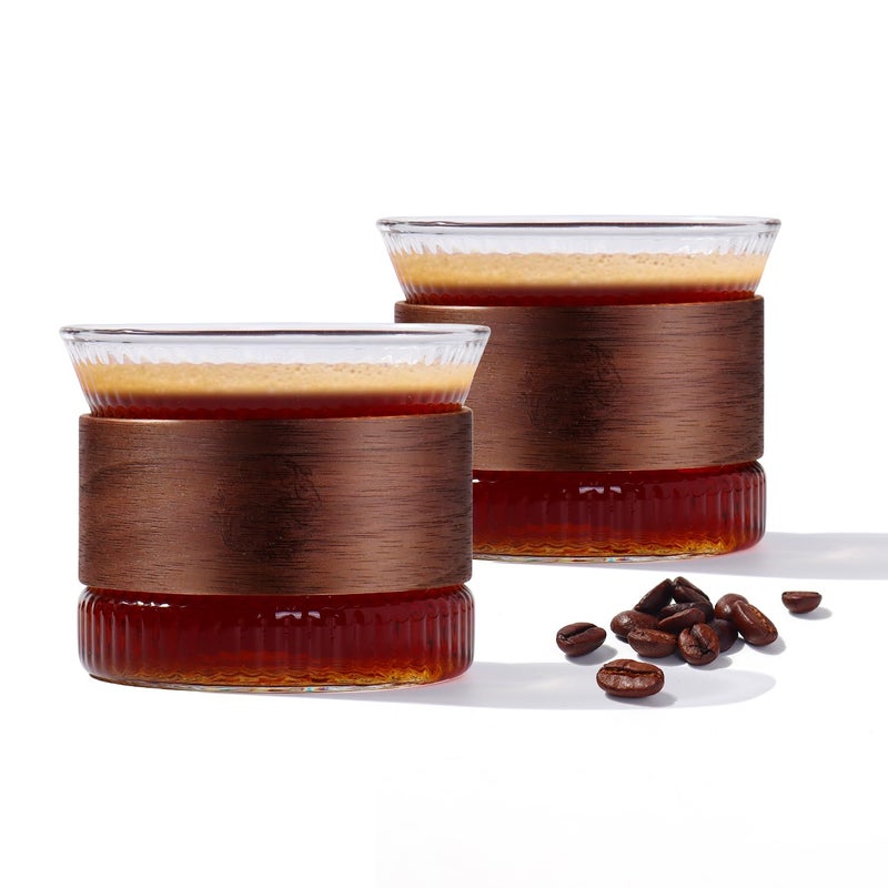 LUFLORA Espresso Cups Set of 2, Glass Coffee Cups 5OZ, Classic Stripes Coffee Glasses with Wooden Ring, Espresso Shot Glass for Beverages, Americano, Espresso Accessories - Image 1