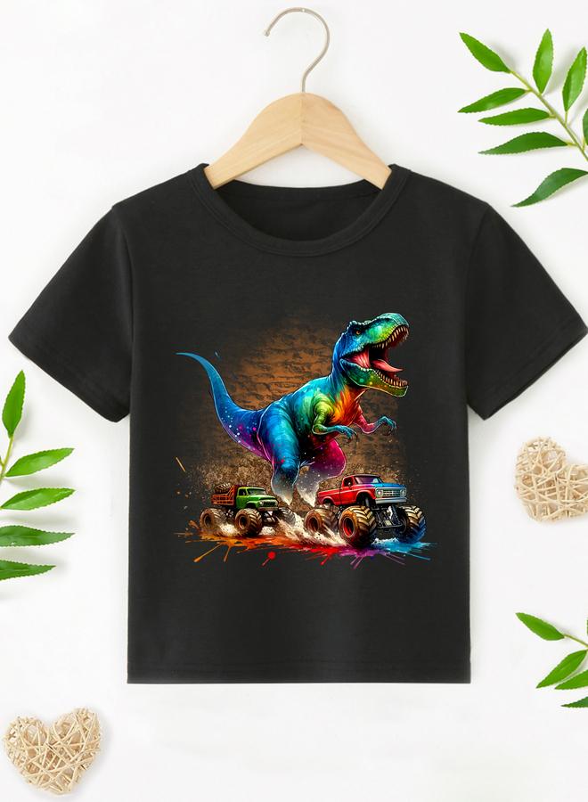 تايك تو تيشيرت مطبوع برسومات ديناصور للأولاد باللون الأسود - Image 1