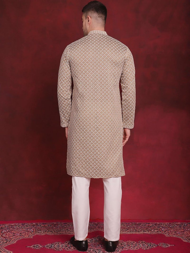 Jompers Men's Sequin Chikankari Front Open Kurta With Pyjamas (Beige, XL) - Image 2