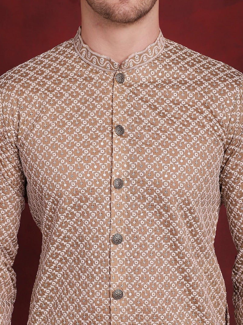 Jompers Men's Sequin Chikankari Front Open Kurta With Pyjamas (Beige, XL) - Image 5