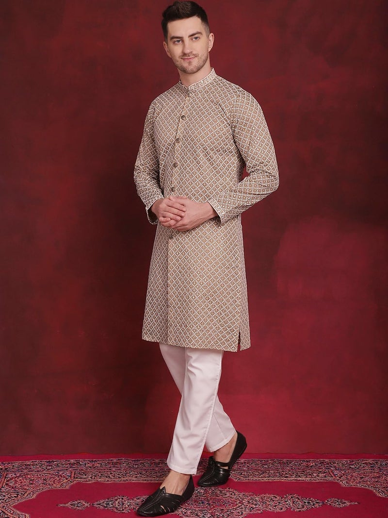 Jompers Men's Sequin Chikankari Front Open Kurta With Pyjamas (Beige, XL) - Image 3