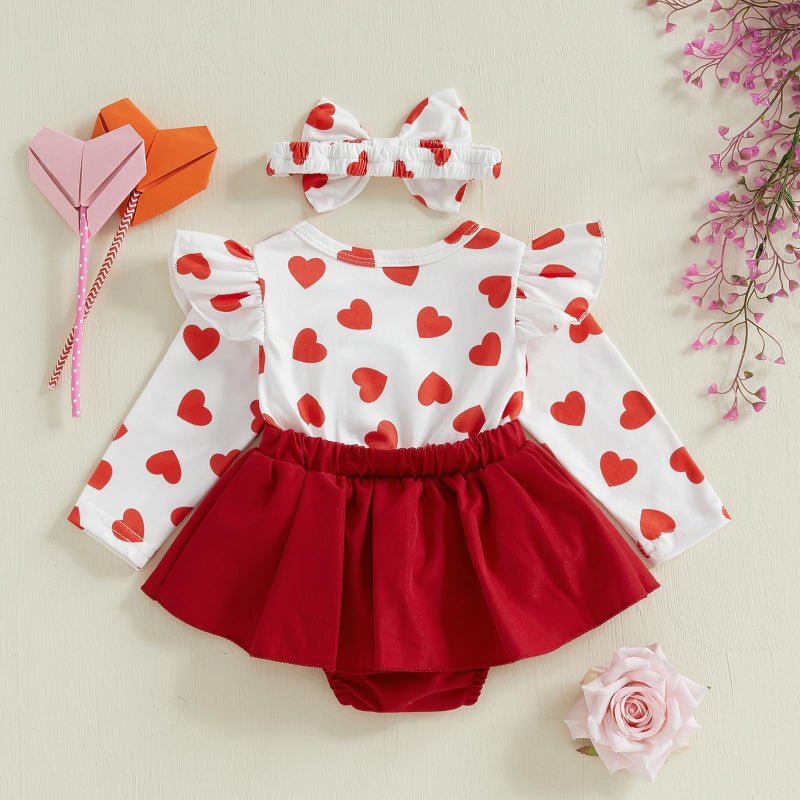 LAGKIYOJ Newborn Baby Valentines Day Outfit Baby Girl Romper Ruffle Long Sleeve Ribbed Valentines Dress with Headband (Heart Red, 3-6 Months) - Image 5