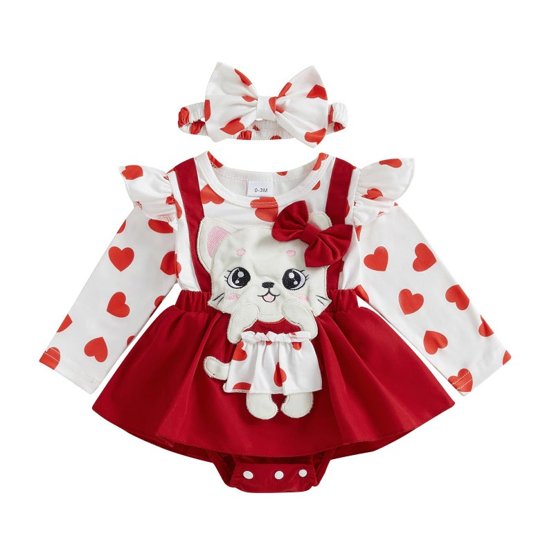 LAGKIYOJ Newborn Baby Valentines Day Outfit Baby Girl Romper Ruffle Long Sleeve Ribbed Valentines Dress with Headband (Heart Red, 3-6 Months) - Image 1