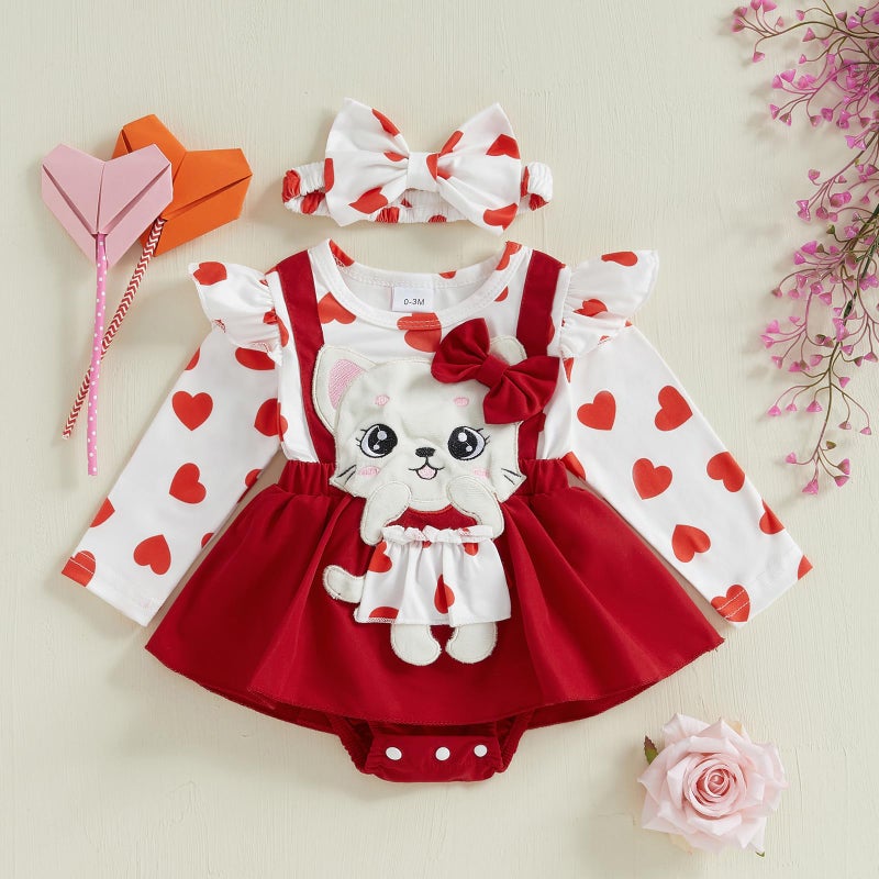 LAGKIYOJ Newborn Baby Valentines Day Outfit Baby Girl Romper Ruffle Long Sleeve Ribbed Valentines Dress with Headband (Heart Red, 3-6 Months) - Image 3