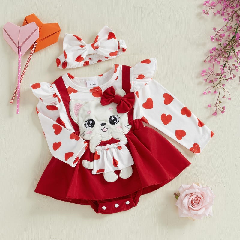 LAGKIYOJ Newborn Baby Valentines Day Outfit Baby Girl Romper Ruffle Long Sleeve Ribbed Valentines Dress with Headband (Heart Red, 3-6 Months) - Image 4