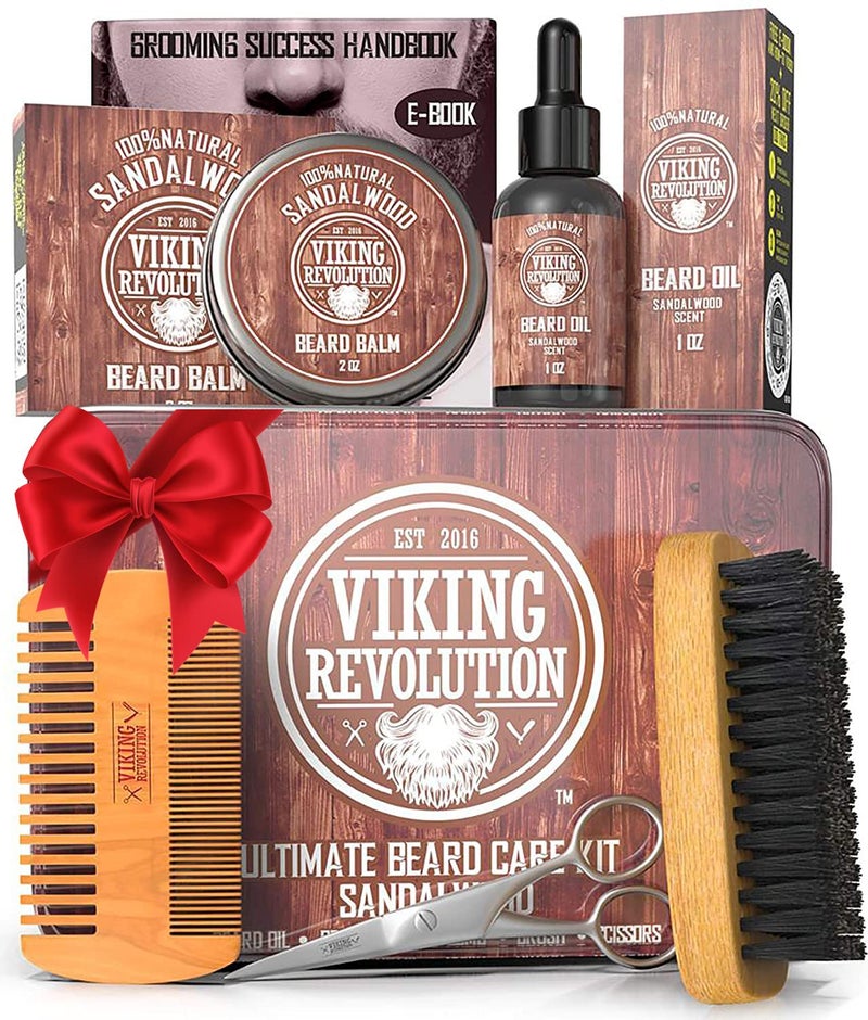 Viking Revolution Ultimate Grooming Kit for Men - Boar Brush, Wood Comb, Sandalwood Balm & Oil, Scissors for Beard & Mustache - Image 1