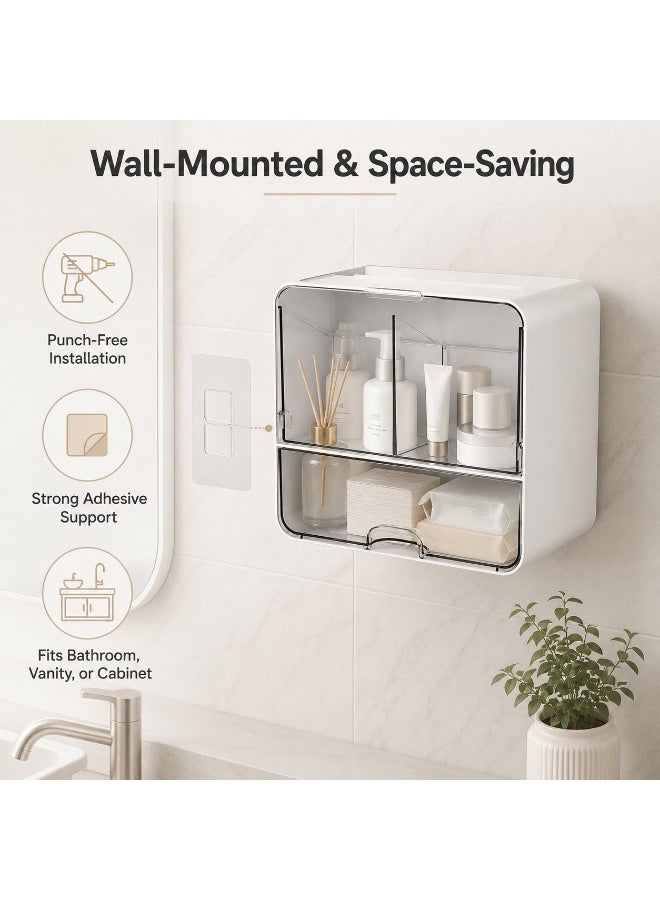SRLIWHITE Wall Mounted Bathroom Organizer, Personal Care Storage Box with Drawer and Lid, Dustproof Splash Resistant Vanity Organizer for Cotton Swabs, Cotton Pads, Skincare, Makeup Tools  (17.2 * 10.8 * 16.3 CM) - Image 5