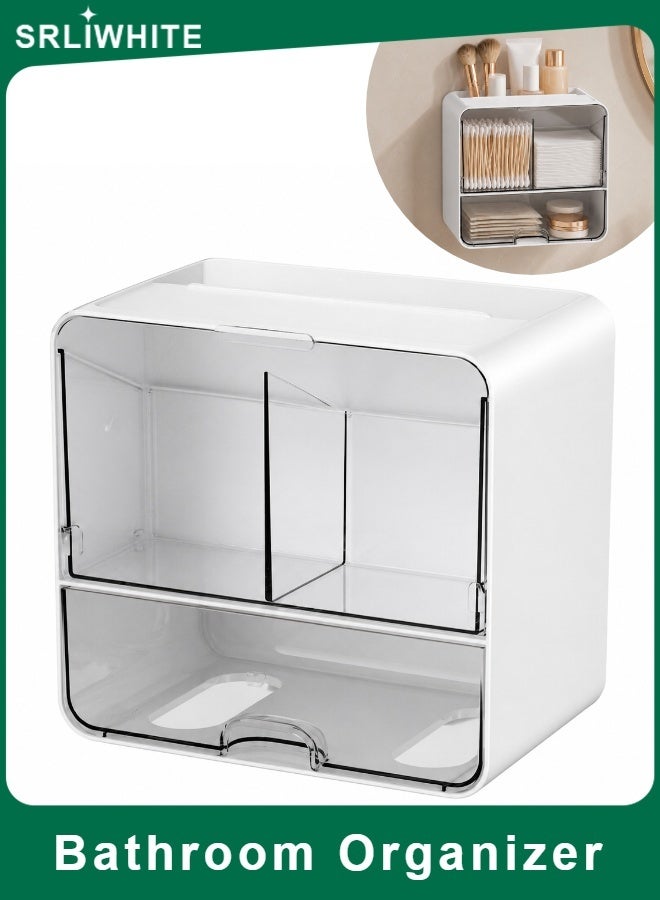 SRLIWHITE Wall Mounted Bathroom Organizer, Personal Care Storage Box with Drawer and Lid, Dustproof Splash Resistant Vanity Organizer for Cotton Swabs, Cotton Pads, Skincare, Makeup Tools  (17.2 * 10.8 * 16.3 CM) - Image 1