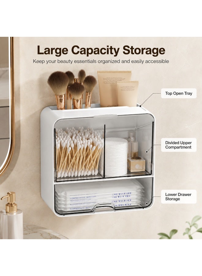 SRLIWHITE Wall Mounted Bathroom Organizer, Personal Care Storage Box with Drawer and Lid, Dustproof Splash Resistant Vanity Organizer for Cotton Swabs, Cotton Pads, Skincare, Makeup Tools  (17.2 * 10.8 * 16.3 CM) - Image 2
