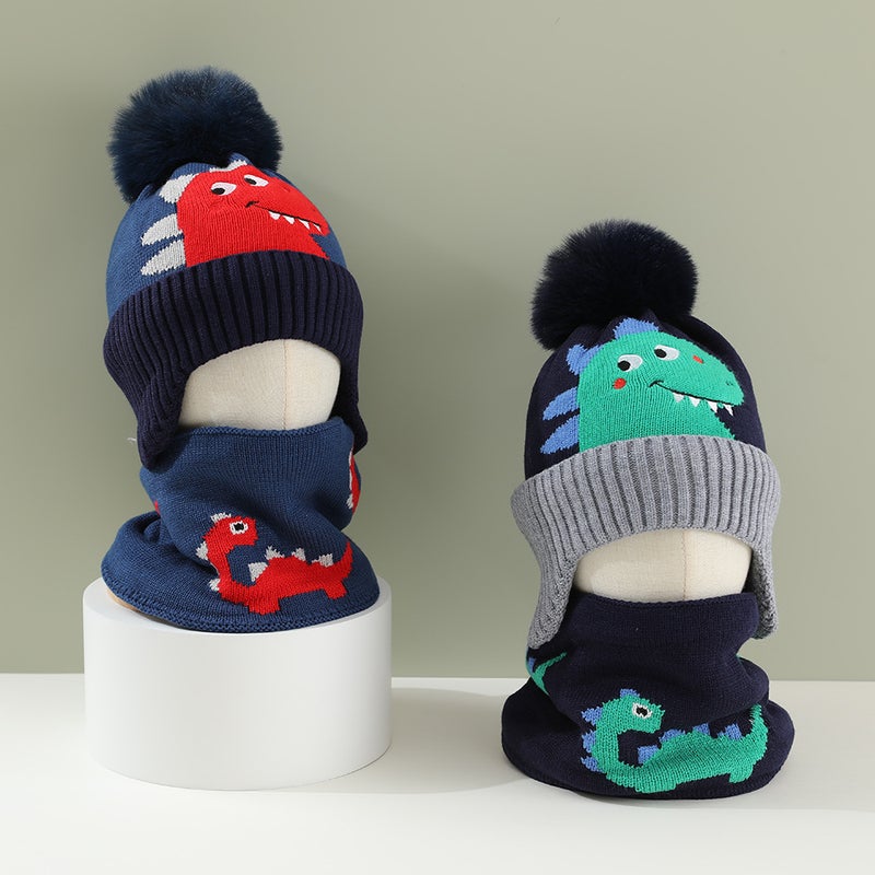 Children'S Hat Neck Set Suit Winter Baby'S Hat Ear Protection Hat Boys And Girls Dinosaur Wool Hat - Image 3