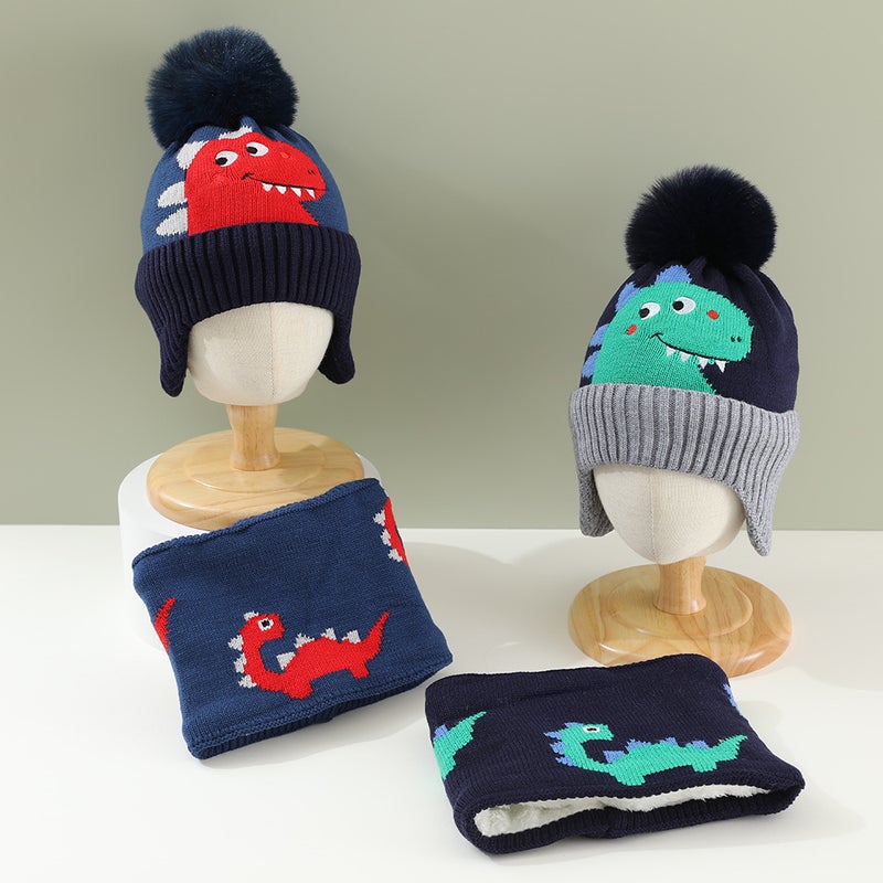 Children'S Hat Neck Set Suit Winter Baby'S Hat Ear Protection Hat Boys And Girls Dinosaur Wool Hat - Image 2