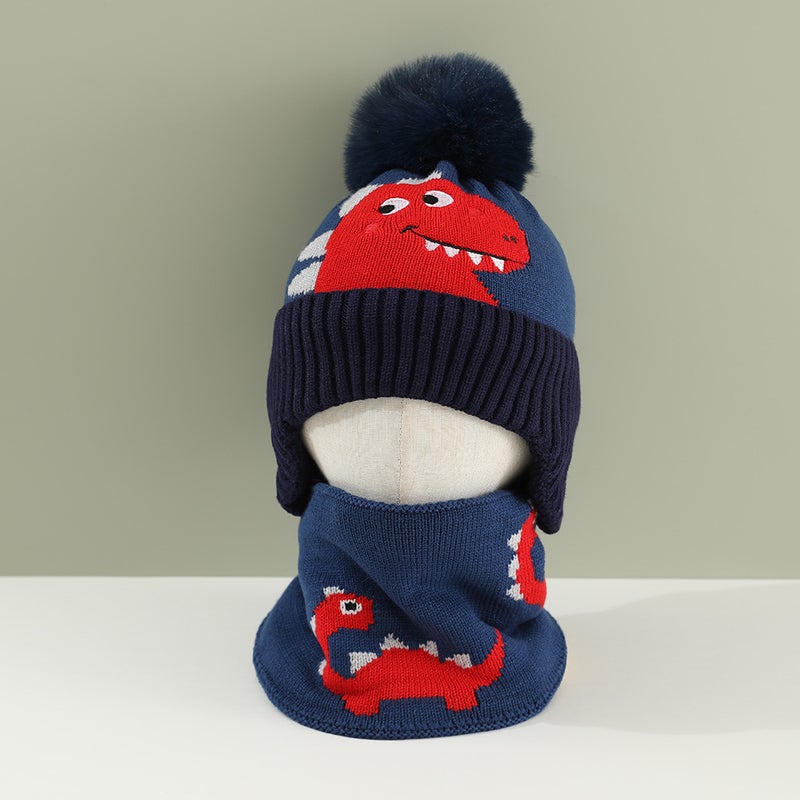 Children'S Hat Neck Set Suit Winter Baby'S Hat Ear Protection Hat Boys And Girls Dinosaur Wool Hat - Image 1