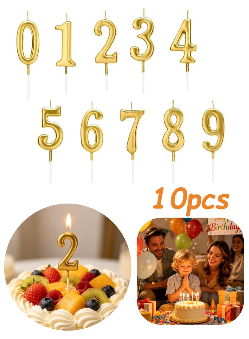 10Pcs Gold Number Candles 0 1 2 3 4 5 6 7 8 9 Birthday Candles for Cake Decorations Party Wedding Anniversary Celebration Supplies Men Women - Image 1