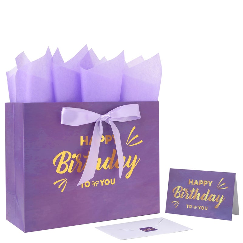 Qirrmiy 13"" Large Purple Painting Gift Bag Set with Greeting Card and Lavender Tissue Papers (Gold Foil Happy Birthday) for Women's Birthday Party, Girls' Birthday Parties, Baby Shower, Baby Girl - - Image 1