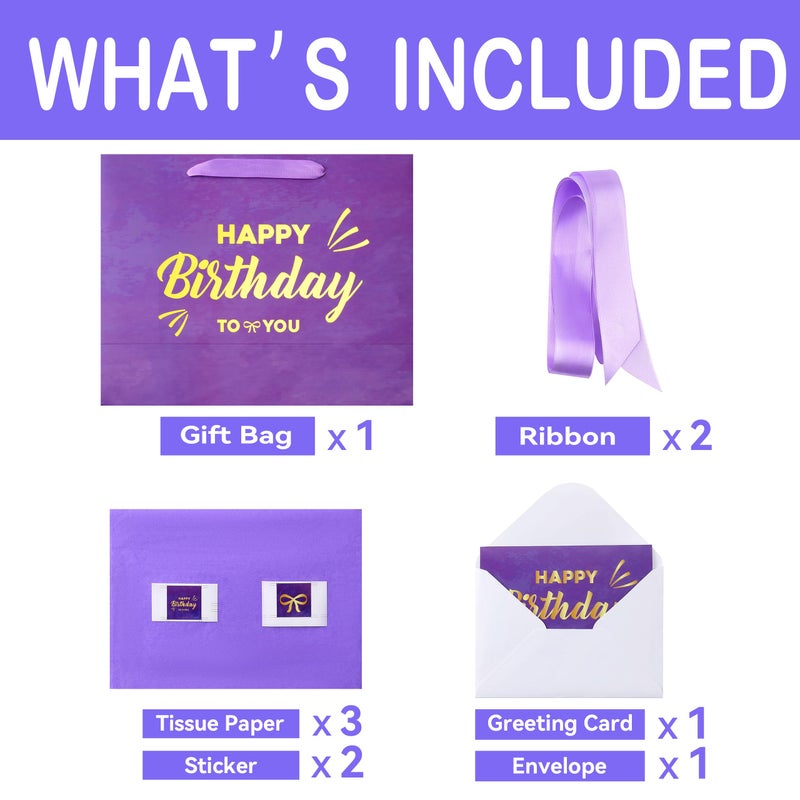 Qirrmiy 13"" Large Purple Painting Gift Bag Set with Greeting Card and Lavender Tissue Papers (Gold Foil Happy Birthday) for Women's Birthday Party, Girls' Birthday Parties, Baby Shower, Baby Girl - - Image 3