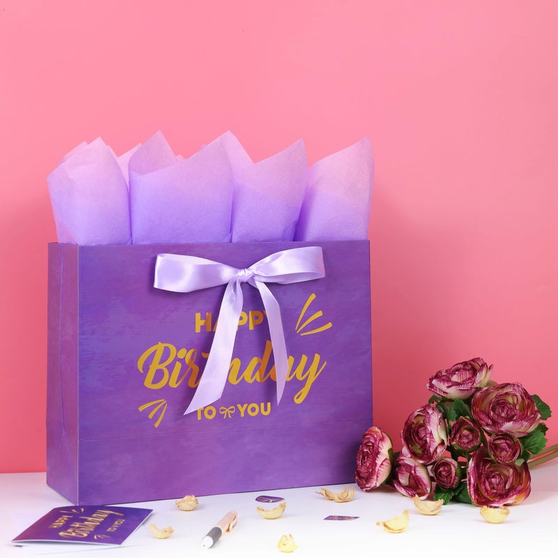 Qirrmiy 13"" Large Purple Painting Gift Bag Set with Greeting Card and Lavender Tissue Papers (Gold Foil Happy Birthday) for Women's Birthday Party, Girls' Birthday Parties, Baby Shower, Baby Girl - - Image 5