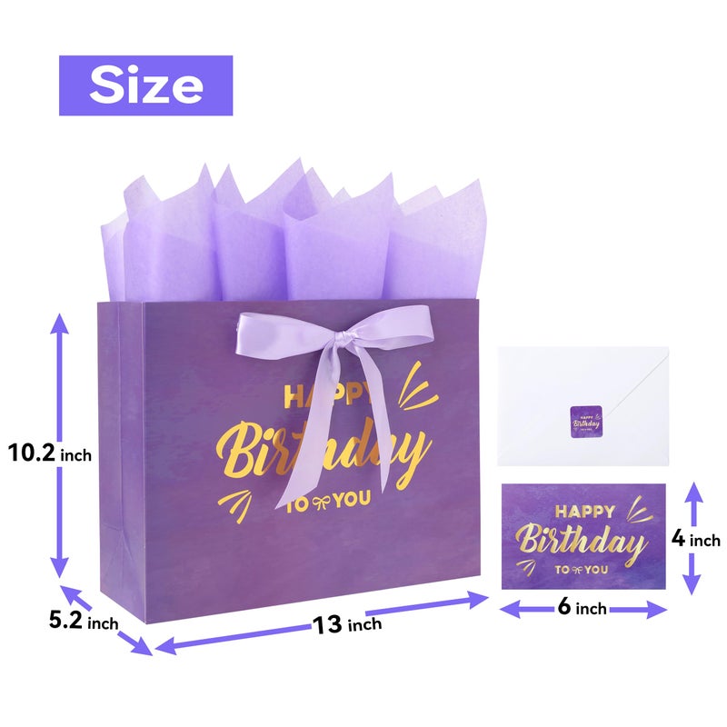 Qirrmiy 13"" Large Purple Painting Gift Bag Set with Greeting Card and Lavender Tissue Papers (Gold Foil Happy Birthday) for Women's Birthday Party, Girls' Birthday Parties, Baby Shower, Baby Girl - - Image 2