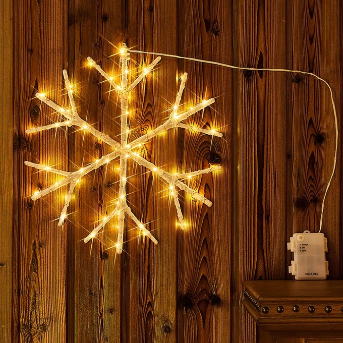 LIGHTED SNOWFLAKE LED WARM WHITE BATTERY OPERATED WITH TIMER 70L FAIRY LIGHTS 14IN FOR CHRISTMAS WALL WINDOW WINTER DECORATION INDOOR OUTDOOR USE
