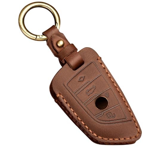 OLLEN Genuine Leather No Screws Key Fob Cover Fit for BMW 5 6 7 Series X1 X2 X3 X5 X6 GT Series etc, Blade Shape, Brown - Image 1