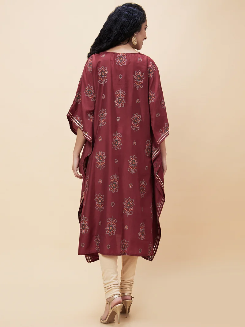 globus Women Floral Bandhani Print Asymmetric Hem Kaftan Kurta