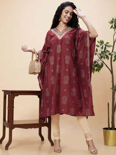 globus Women Floral Bandhani Print Asymmetric Hem Kaftan Kurta