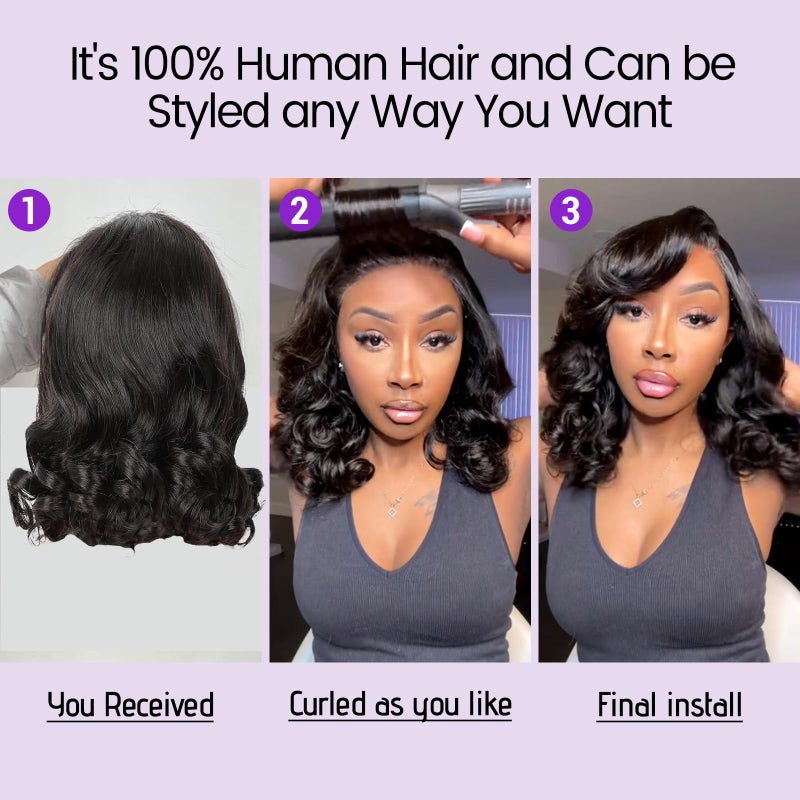 UVVUVV Wear and Go Glueless Wigs Pre Plucked Pre Cut 4x4 Body Wave Bob Wig Human Hair wigs for black women Short Bob Wig Human Hair 180 dentisty natrual color 14inch - Image 3
