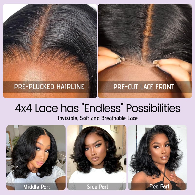 UVVUVV Wear and Go Glueless Wigs Pre Plucked Pre Cut 4x4 Body Wave Bob Wig Human Hair wigs for black women Short Bob Wig Human Hair 180 dentisty natrual color 14inch - Image 5