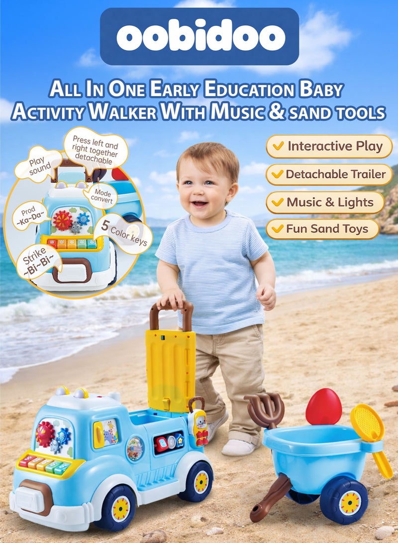 Oobidoo All In One Baby Activity Walker Push Walker Ride On Car With Music Lights Detachable Trailer Sand Play Toys Educational Learning Toy For Toddlers 9 Months Plus Interactive Activity Center With Piano Keys Sound Effects Rotating Gears Shape Sorting Ball Game Storage Seat Motor Skills Coordination Balance Walking Trainer Indoor Outdoor Play Blue - Image 1