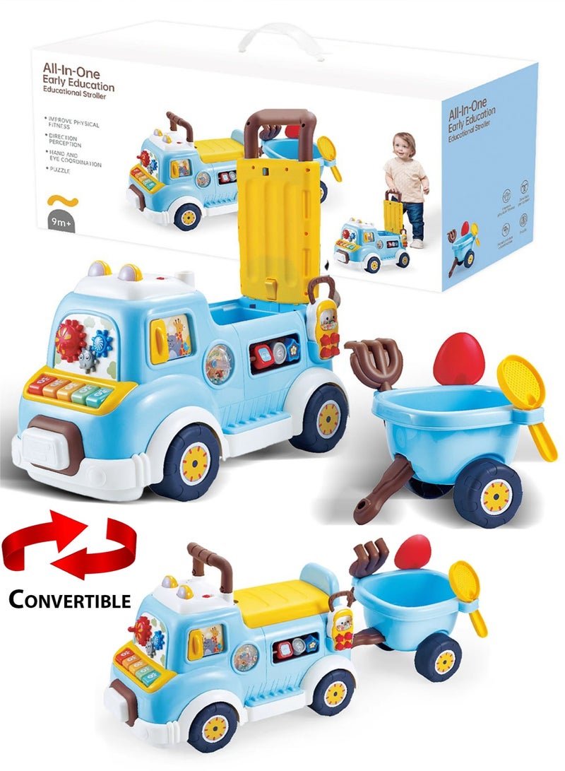Oobidoo All In One Baby Activity Walker Push Walker Ride On Car With Music Lights Detachable Trailer Sand Play Toys Educational Learning Toy For Toddlers 9 Months Plus Interactive Activity Center With Piano Keys Sound Effects Rotating Gears Shape Sorting Ball Game Storage Seat Motor Skills Coordination Balance Walking Trainer Indoor Outdoor Play Blue - Image 3