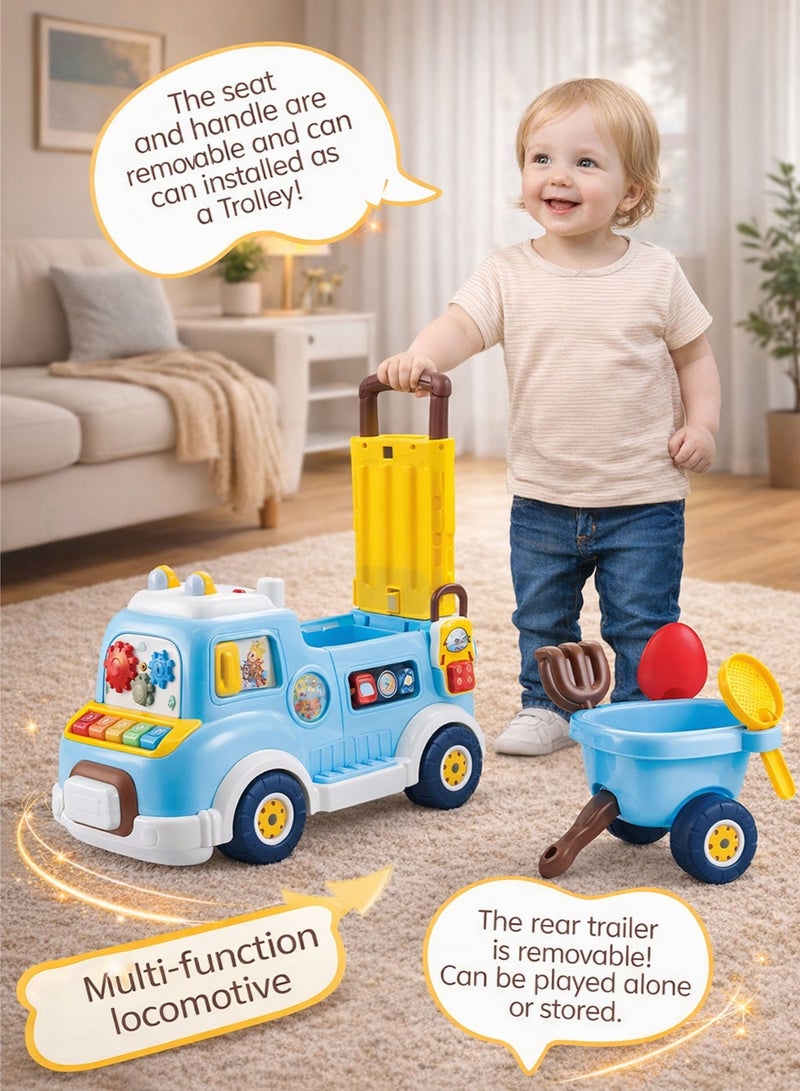 Oobidoo All In One Baby Activity Walker Push Walker Ride On Car With Music Lights Detachable Trailer Sand Play Toys Educational Learning Toy For Toddlers 9 Months Plus Interactive Activity Center With Piano Keys Sound Effects Rotating Gears Shape Sorting Ball Game Storage Seat Motor Skills Coordination Balance Walking Trainer Indoor Outdoor Play Blue - Image 5