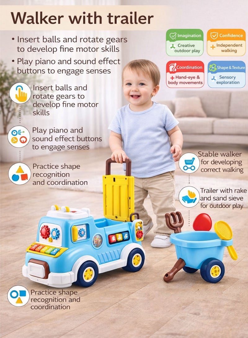 Oobidoo All In One Baby Activity Walker Push Walker Ride On Car With Music Lights Detachable Trailer Sand Play Toys Educational Learning Toy For Toddlers 9 Months Plus Interactive Activity Center With Piano Keys Sound Effects Rotating Gears Shape Sorting Ball Game Storage Seat Motor Skills Coordination Balance Walking Trainer Indoor Outdoor Play Blue - Image 2