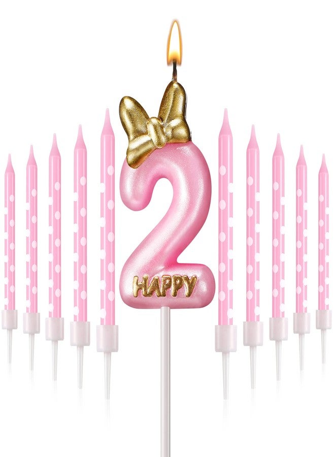 Roowest 11 Pcs Birthday Candle Girl Pink Cake Topper Decorations for Girl 2/3 Years Old with White Dot Long Candles for Cake Topper Baking Decor Supplies(Number 2) - Image 1